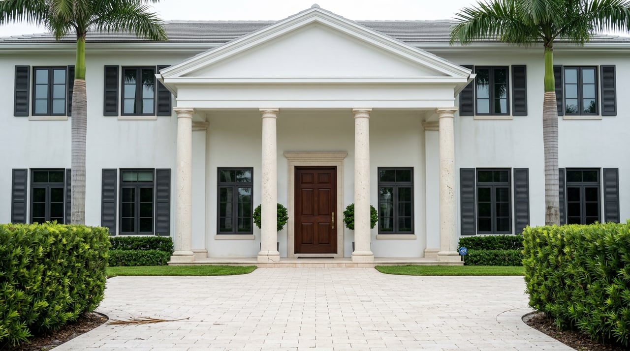 Symmetrical white stucco estate with a shellstone columned portico, mahogany entry door, royal palms, and curving stone motor court.
