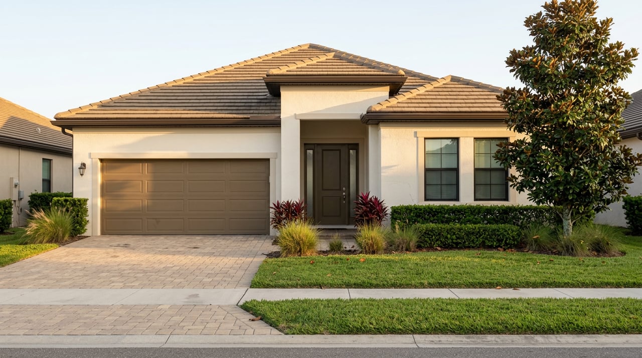 Stucco home with a sand-brown tile roof, paver driveway, mowed lawn, and mature magnolia tree.