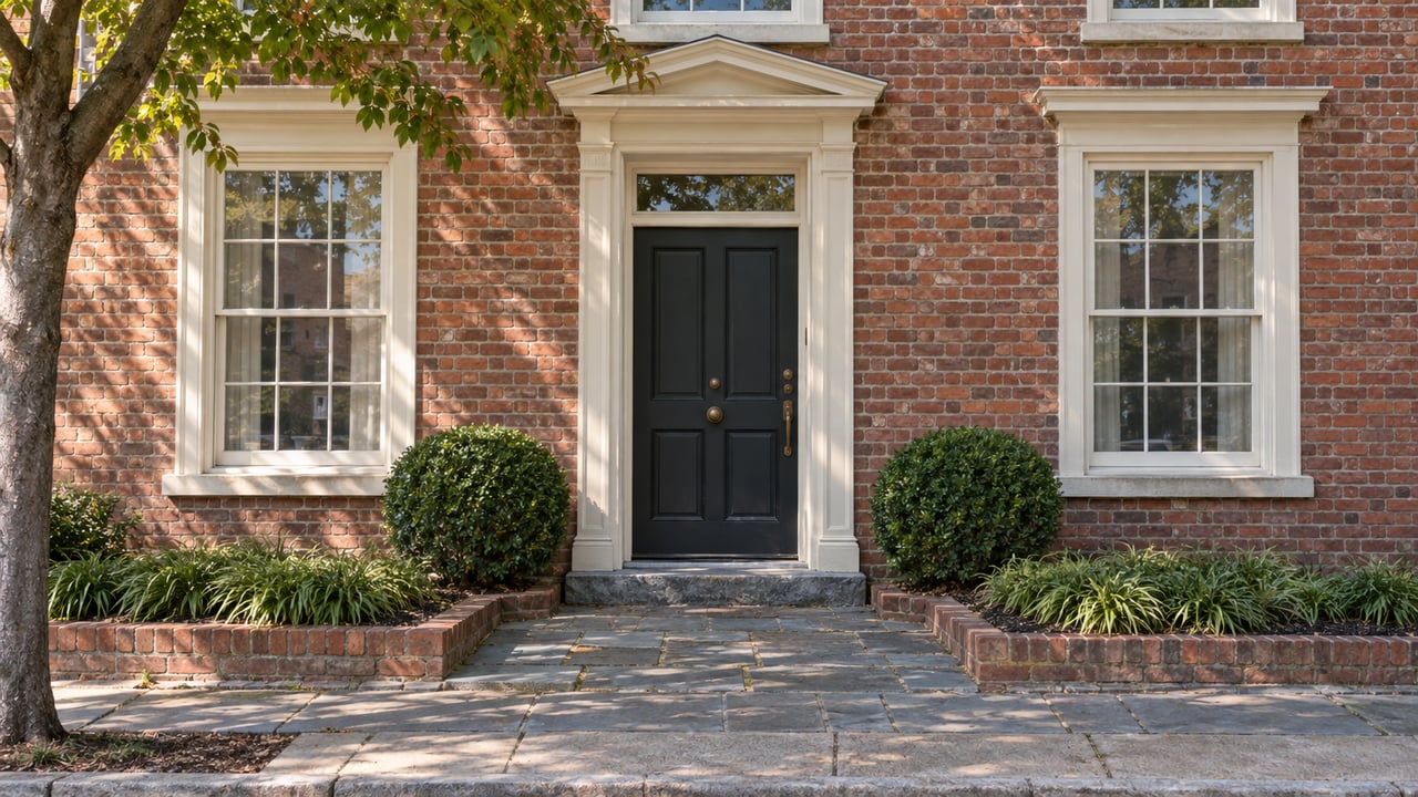 Red-brick facade with a dark timber door, flanking windows, clipped shrubs, and a stone doorstep.