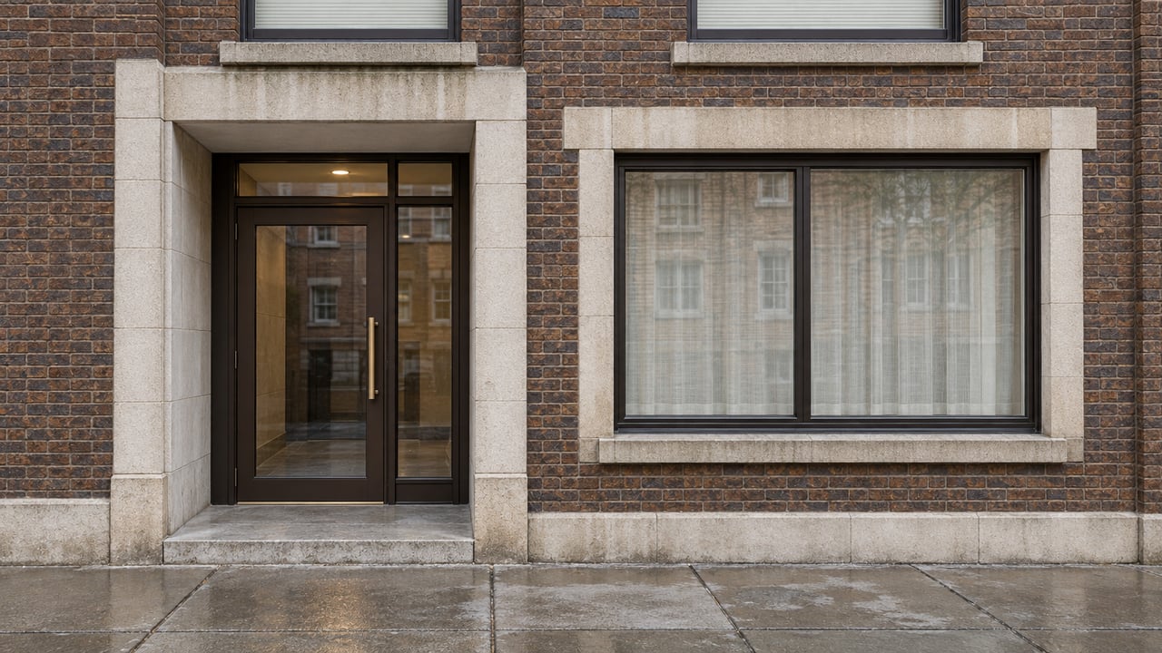 Brown brick residential entrance with limestone trim, bronze-framed glass and a rain-darkened concrete sidewalk.