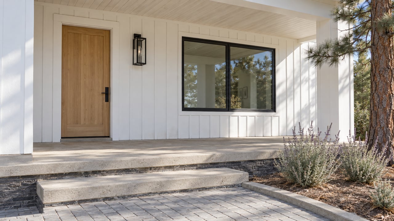 Sunlit covered entry with white vertical siding, an oak door, black-framed window and concrete steps beside silver autumn planting.