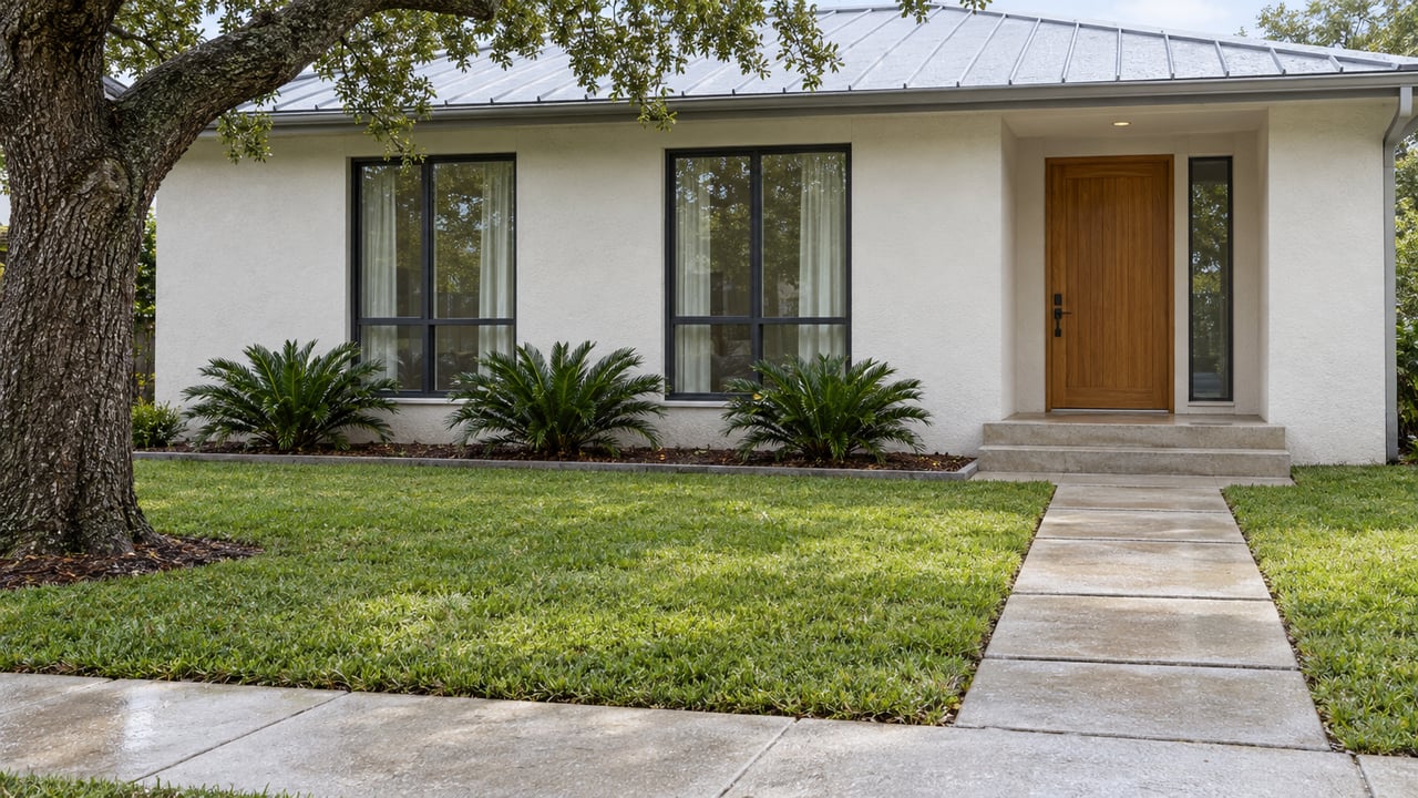 A compact white stucco home with a silver metal roof, tall windows and a timber entry door sits beyond a deep front lawn and concrete sidewalk.