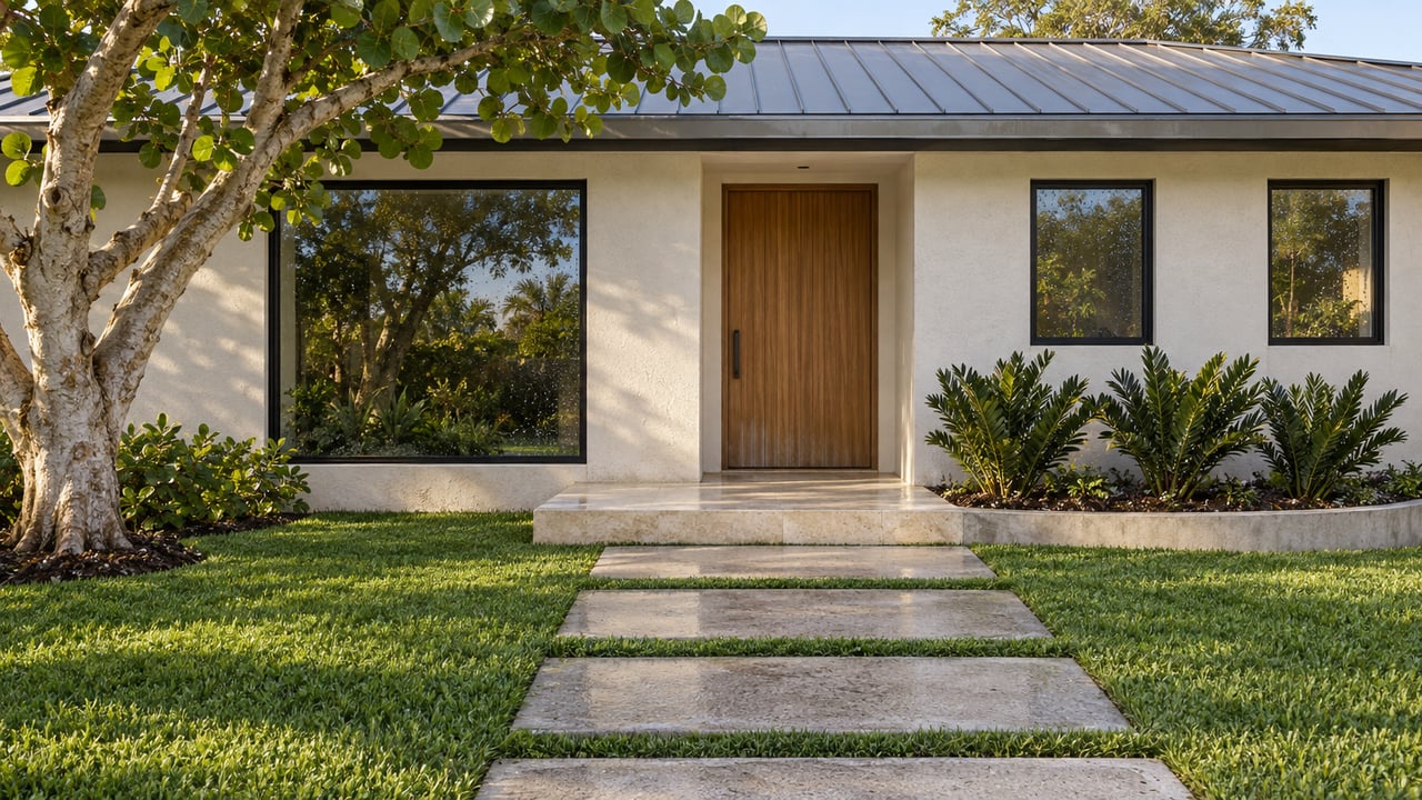 Renovated white-stucco home with a teak entry, black-framed windows and a damp concrete garden approach beneath a sea grape tree.