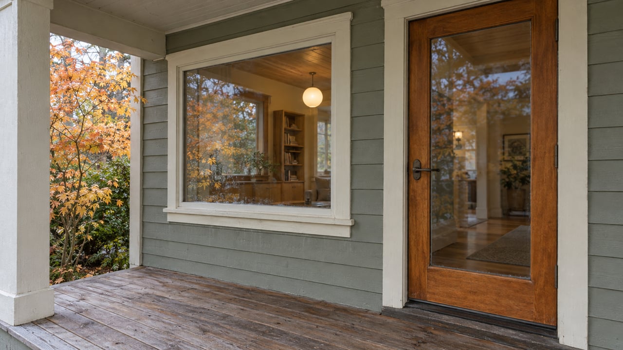 Weathered cedar porch at a sage-gray cottage, with a glazed fir entry door, warm wood interior and autumn maple leaves.
