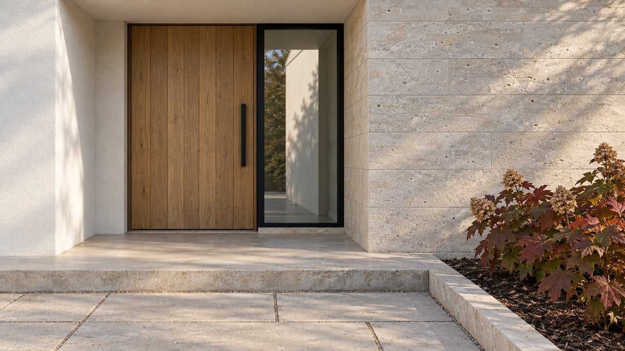 Recessed oak entry door beside black-framed glazing, pale limestone paving and bronze-leaved oakleaf hydrangeas.