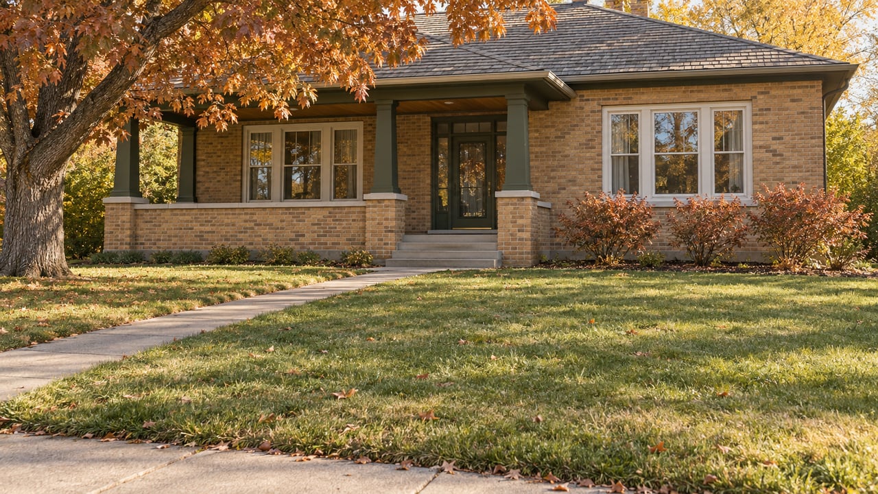 Buff-brick house beyond a deep lawn, with a diagonal walk, olive porch posts, and copper autumn foliage.