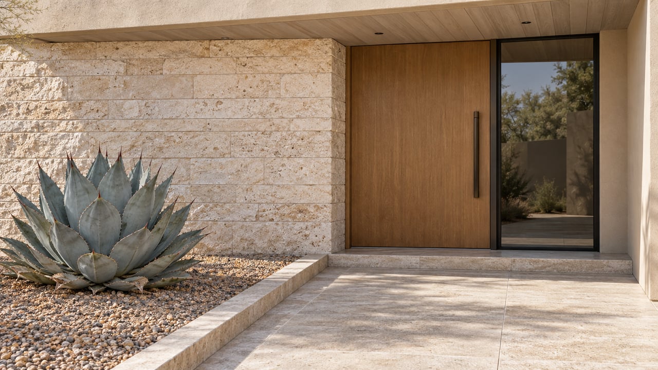 A sheltered oak entry door and black-framed sidelight beside cream limestone, with a travertine approach and one blue-gray agave in a bordered gravel bed.