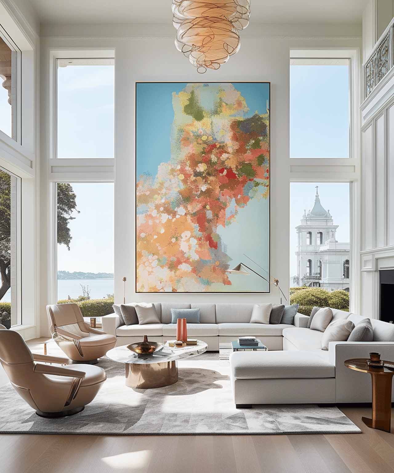 Bright living room with a white sectional, colorful abstract artwork, and windows overlooking water.
