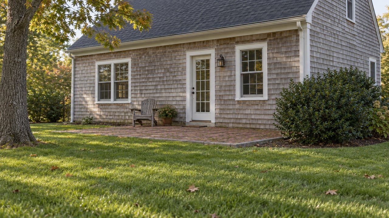 Cedar-shingled home with a brick patio, wooden chair, and oak tree beside a broad lawn.