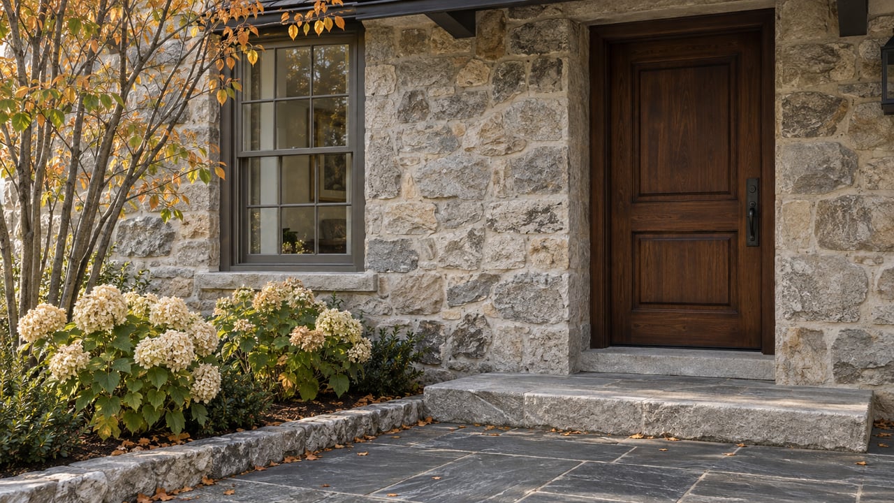 Fieldstone house entry with a recessed walnut door, divided-light window, slate landing, and autumn hydrangeas.