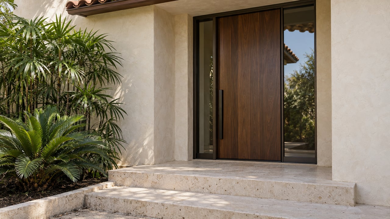 Closed walnut-and-glass entry door beneath a terracotta eave, with limestone steps and tropical plants.