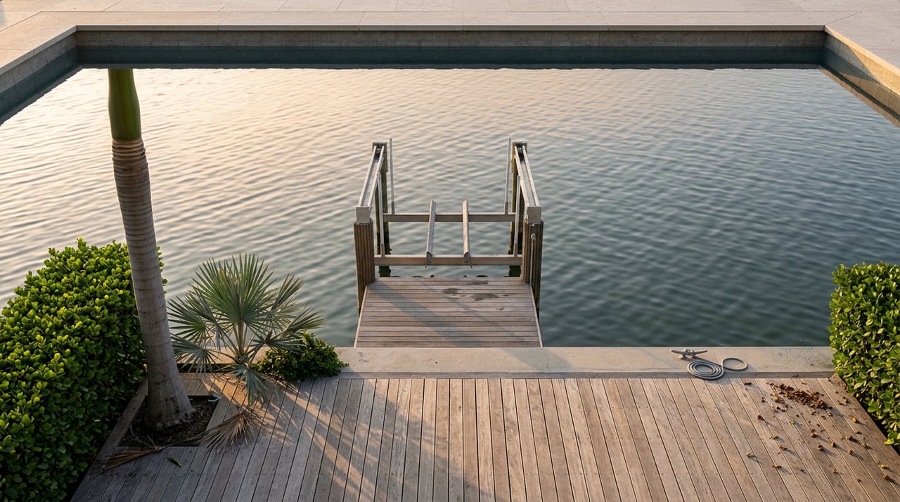 Private canal dock with an empty stainless steel boat lift, weathered wood decking, palm fronds, and long morning shadows.