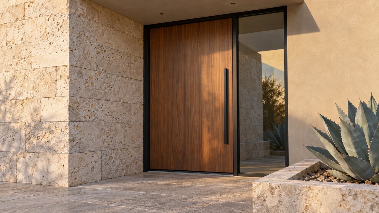 Closed walnut entry door beside a glass sidelight, limestone pier, and a raised pocket with a blue-gray agave.