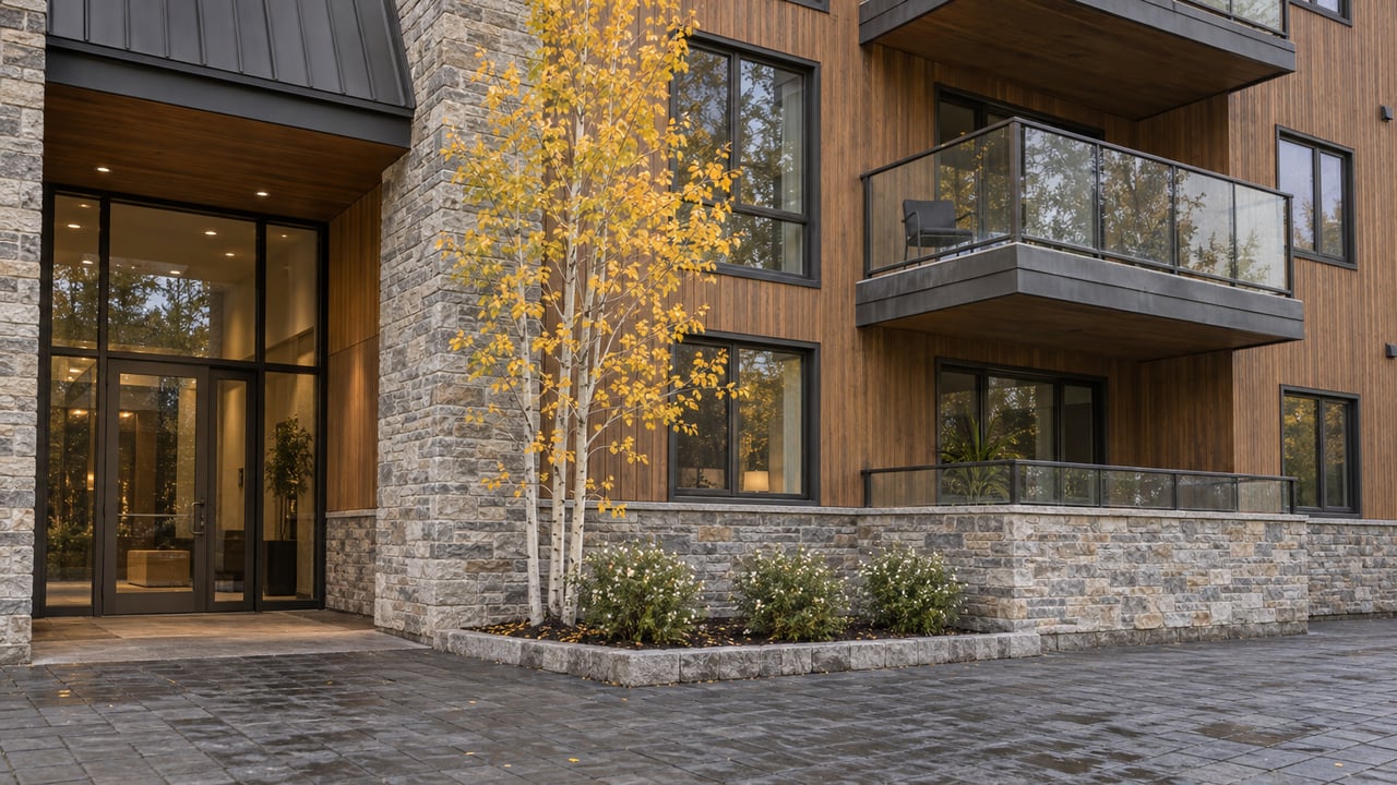 Condominium facade with timber cladding, stone piers, glass balconies, and a golden-leaved aspen in a raised bed.