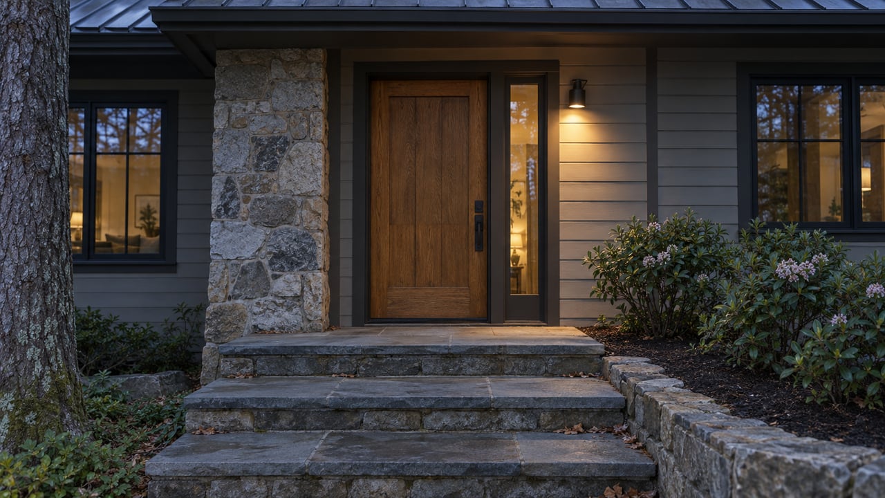 Recessed oak front door with a narrow sidelight, fieldstone pier, bluestone steps, and warm porch light.
