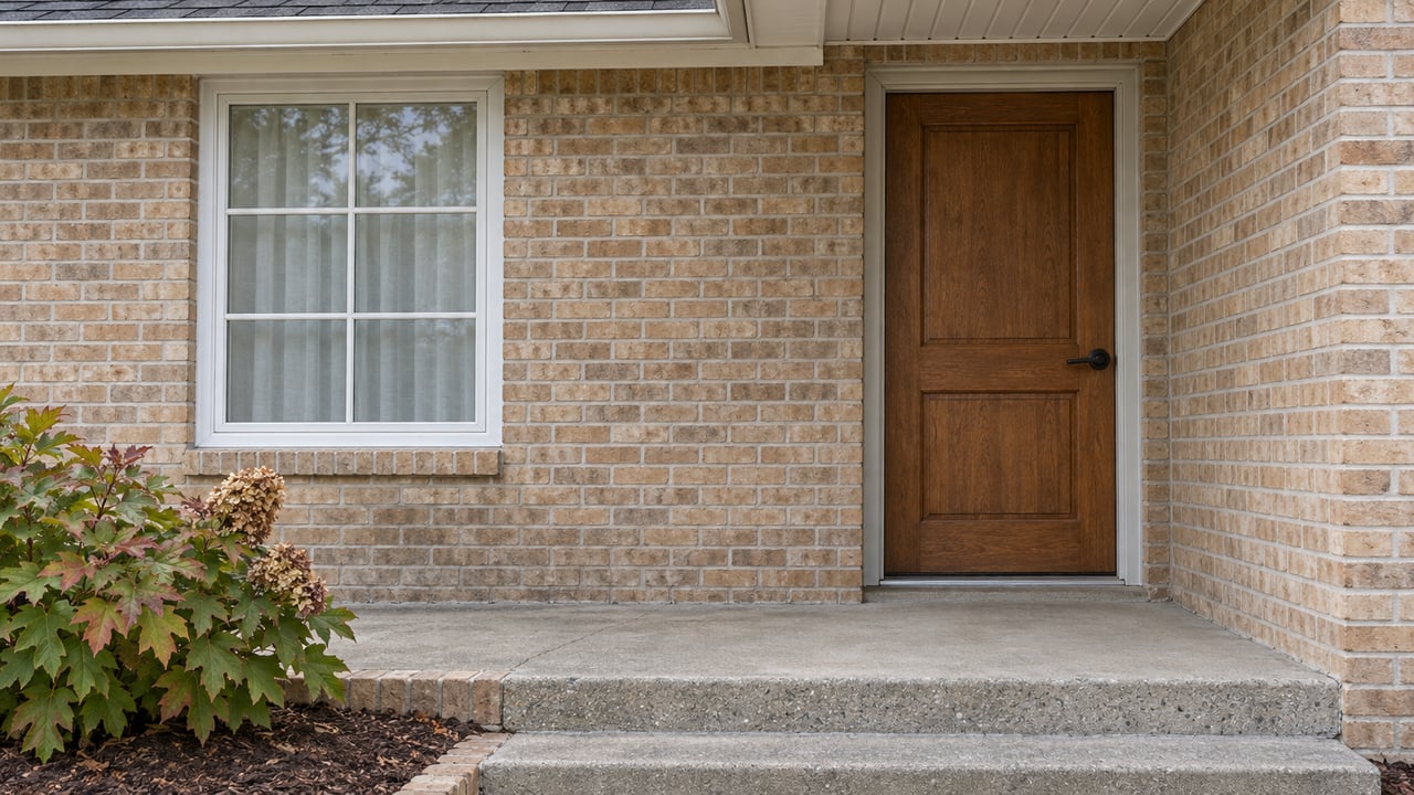 Close view of a buff-brick home's sheltered wood front door, divided-light window and weathered concrete entry beside an oakleaf hydrangea.