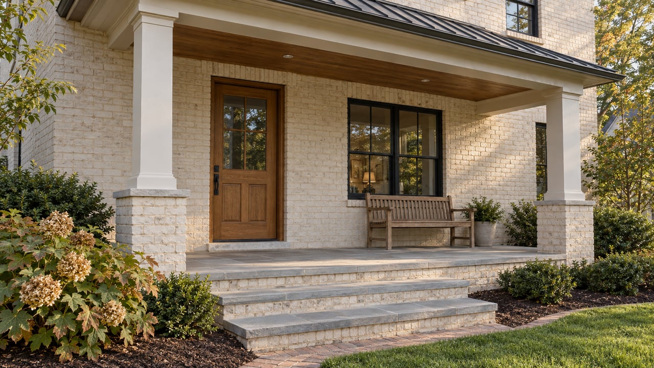 Ivory painted-brick home with a covered porch, limestone steps, oak door and oakleaf hydrangea beside a green lawn.