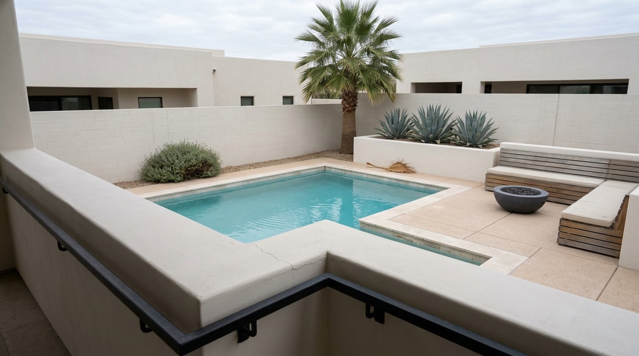 A turquoise pool sits beside a teak banquette, agaves, and a palm within stucco walls.