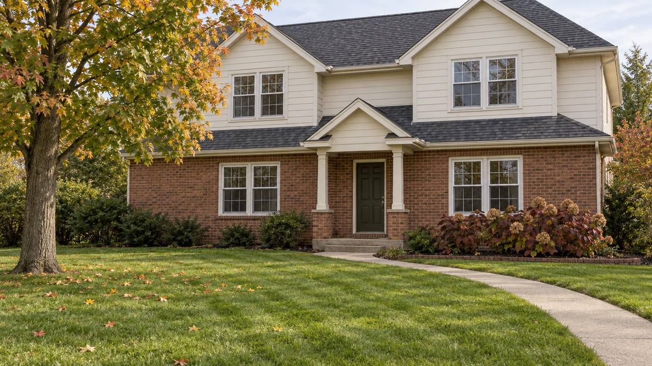 Traditional brick and cream-sided home behind a broad autumn lawn, with a curving concrete walk and a copper-leaved maple.