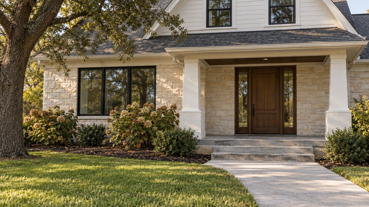 Cream limestone home with a white-sided gable, recessed walnut entry, broad concrete approach and oak-shaded lawn.
