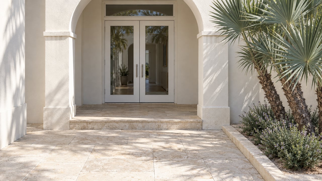 Sunlit limestone courtyard approaching a white stucco arch and glazed double doors, with a sculptural silver-green palm beside the entry.