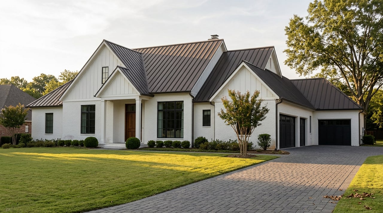 White-brick farmhouse estate with black-framed windows, dark metal gables, a curving paver driveway, and mature oak.