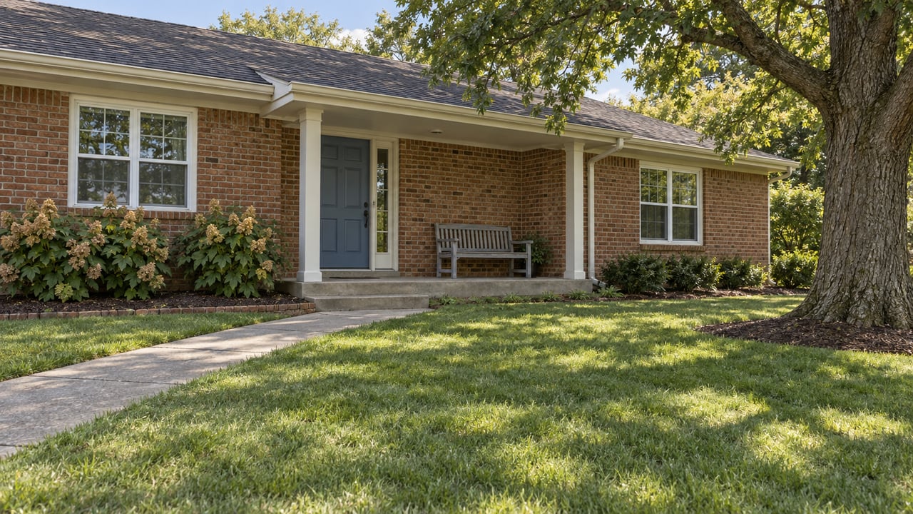 A red-brown brick ranch with a shaded front porch, broad green lawn, mature white oak and oakleaf hydrangeas in afternoon light.