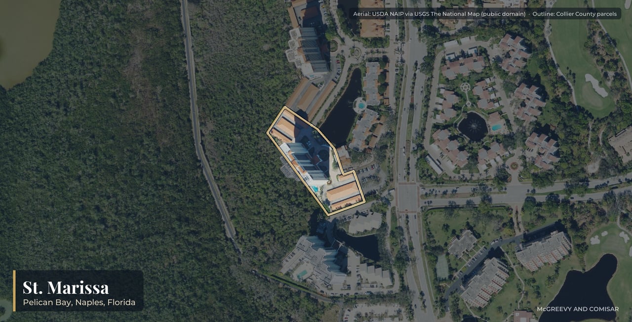 Aerial view of St. Marissa at Pelican Bay, Naples, Florida, with its parcels outlined