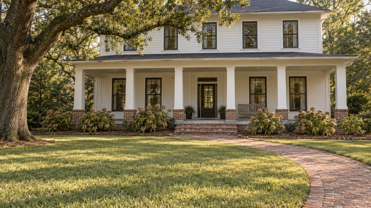 White lap-sided home with a broad shaded porch, curved brick approach, open lawn, and a mature live oak.