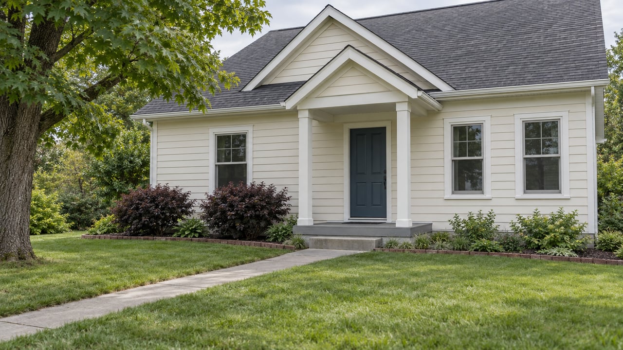 Cream-sided family home with a covered porch, dark-shingle gables, and a diagonal concrete walk across the lawn.