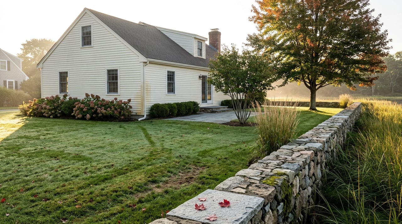 Cape-style home and bluestone patio beyond a fieldstone wall, with backlit marsh grass and rust-orange maple.
