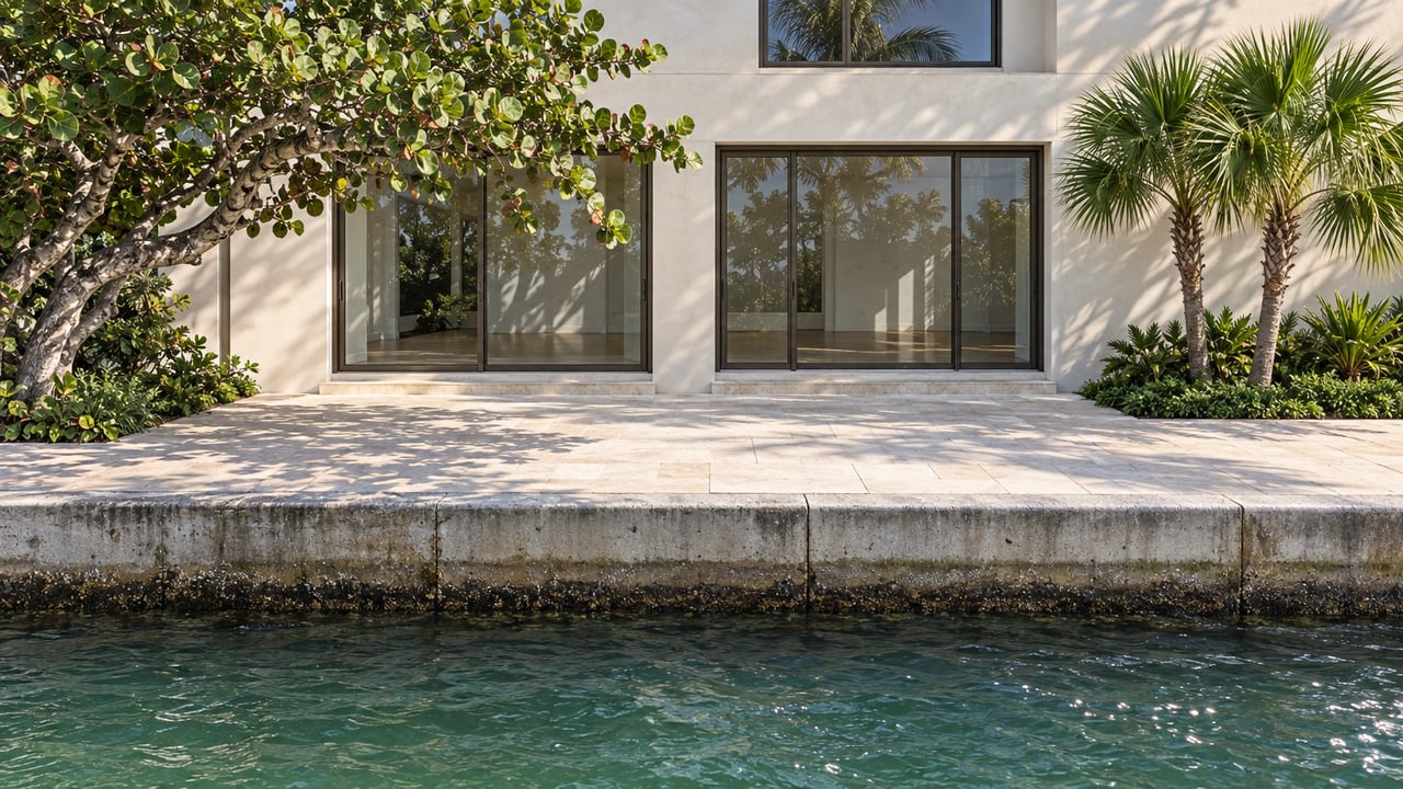 Stucco home with closed glass doors above a limestone terrace, seawall, tidal water, and tropical plants.
