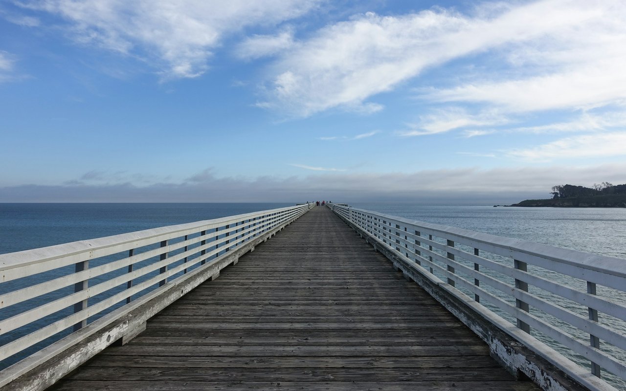 Wooden pier extending over blue water, with people at the far end and a distant shoreline.