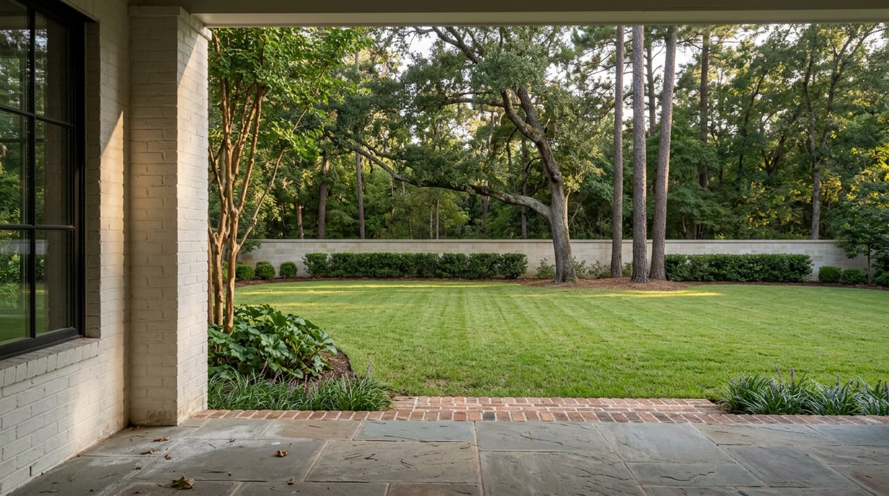 Flagstone porch overlooking a striped lawn, limestone wall, and dense tree line beneath layered oak and pine canopies.