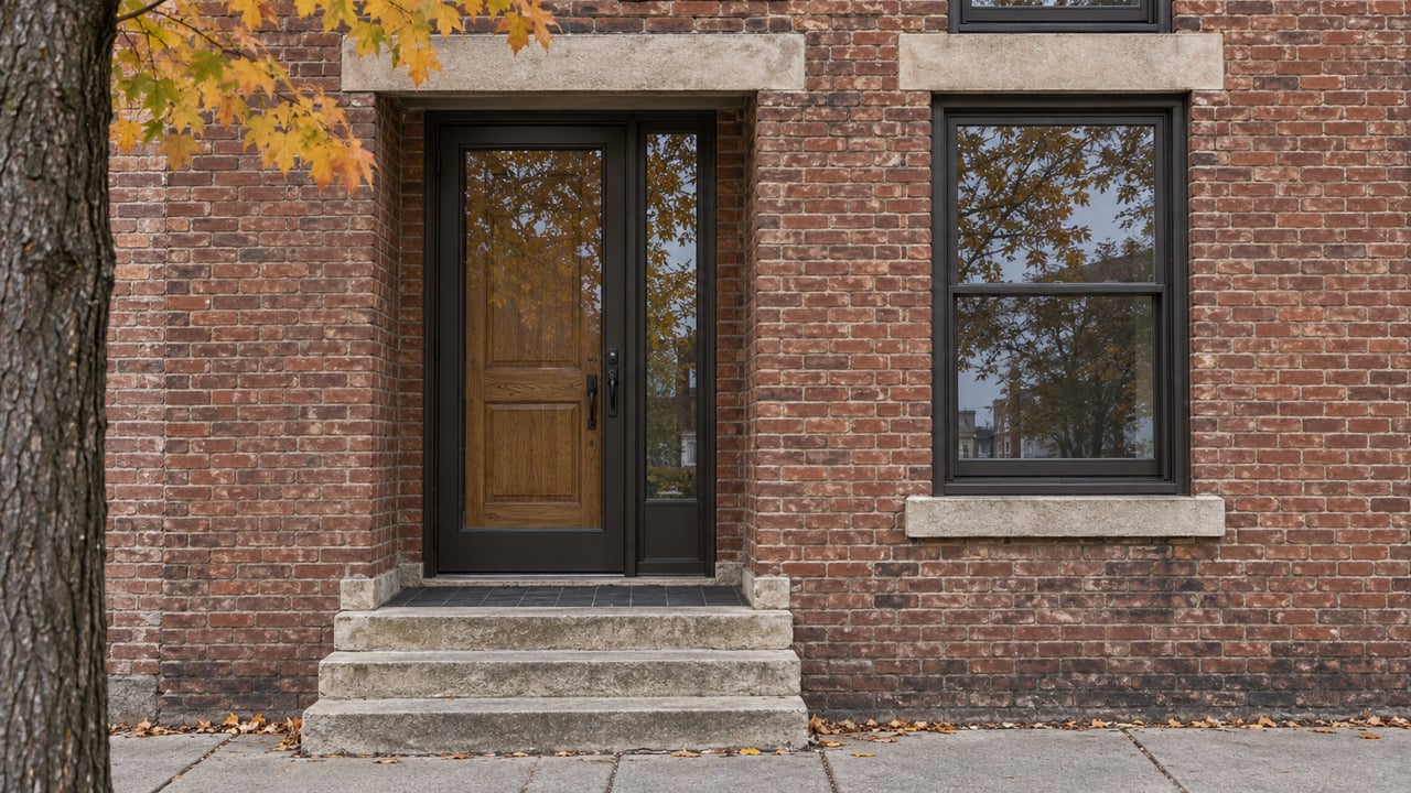 Recessed oak entry with a closed glass door, limestone steps, and two sash windows in a weathered brick facade.