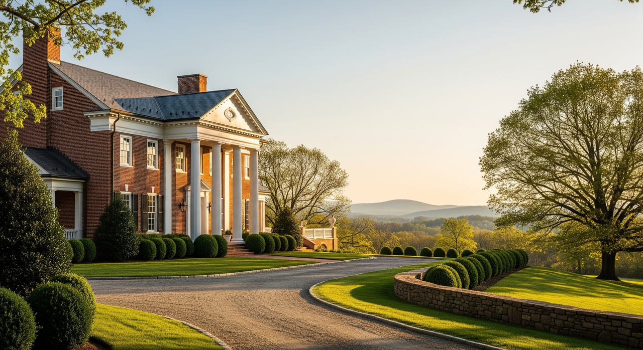 Red-brick building with white columns beside a curving drive, clipped hedges, and a low stone wall.