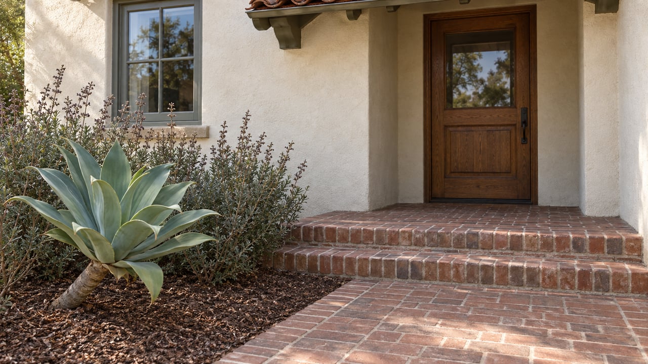 Close view of an ivory stucco home's oak entrance, weathered brick steps and a sculptural agave beside the approach.