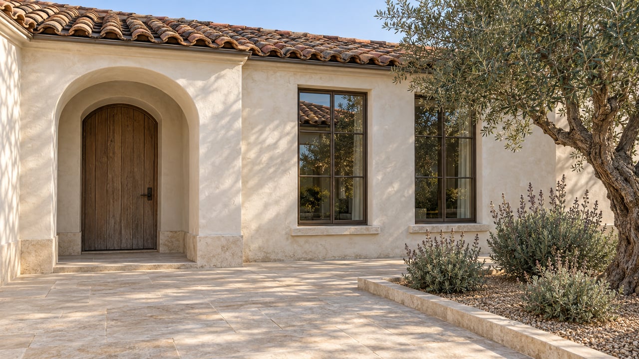 Pale stucco estate entry with clay roof tiles, an oak door and bronze windows beside an olive tree on a limestone terrace.