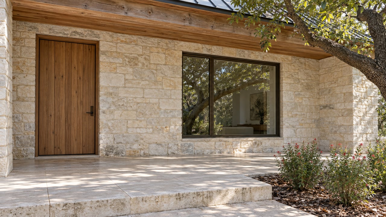 Covered residential entry with pale limestone walls, a cedar door and soffit, bronze-framed glazing and an oak beside a raised stone porch.