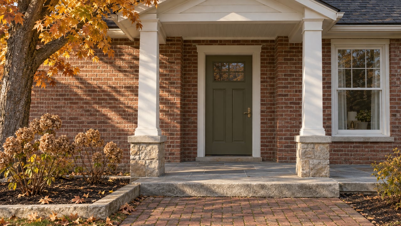Autumn light on a brick home's covered entrance, with white columns, an olive door, limestone steps and dried hydrangeas.