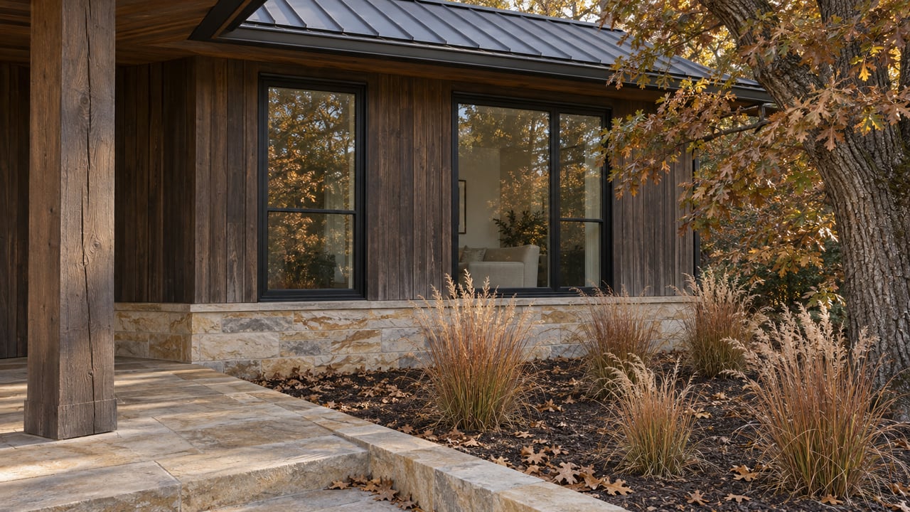 Weathered cedar and buff stone home with tall black-framed windows, a sandstone porch and copper-colored autumn grasses beneath an oak.