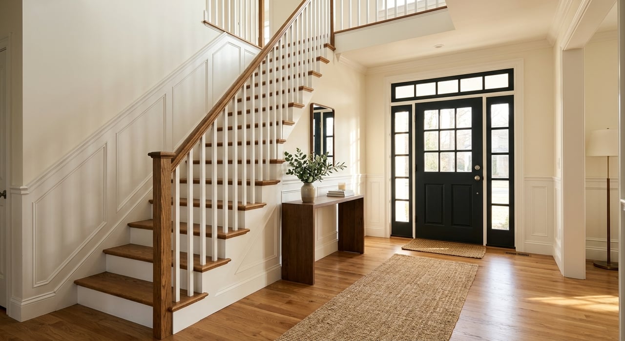 Foyer with a deep red front door, brass hardware, oak staircase, and a jute runner on white-oak floors.