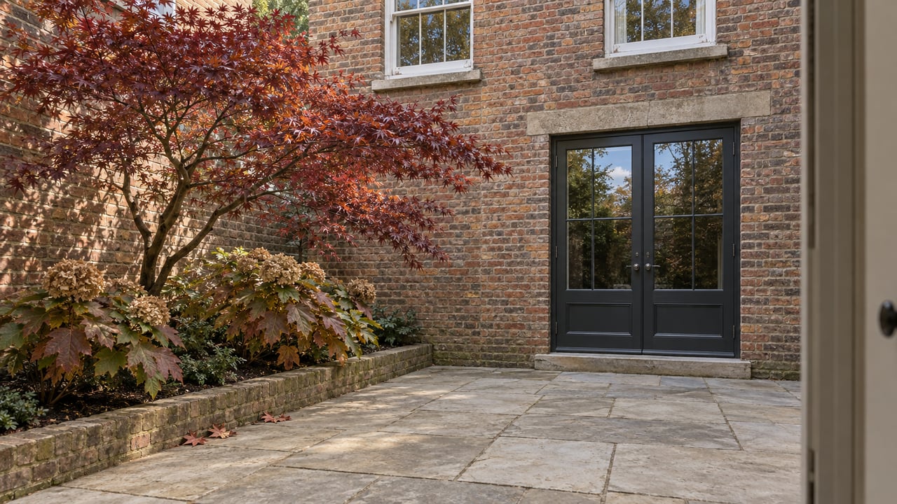A private brick courtyard with limestone paving, paired glazed garden doors and a burgundy Japanese maple beside oakleaf hydrangeas.