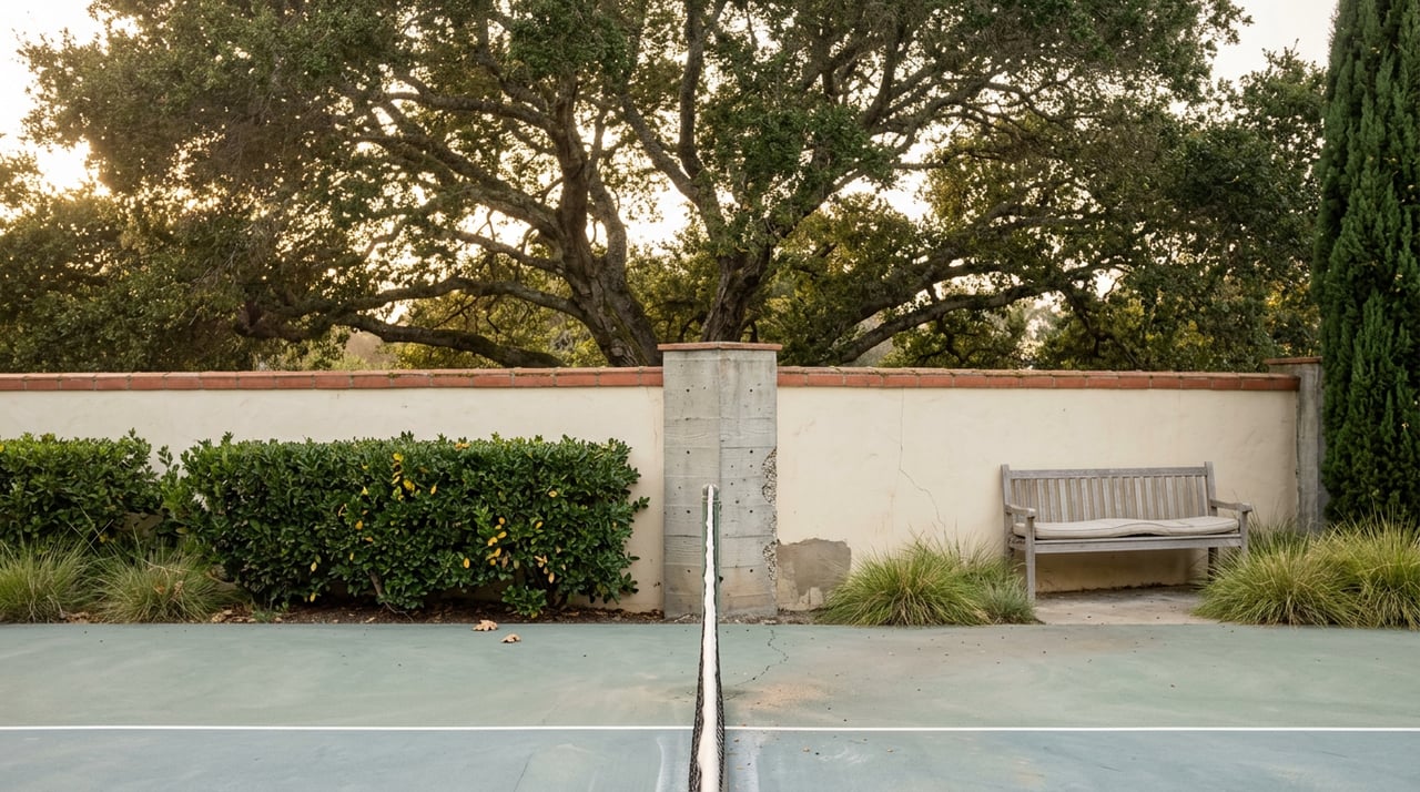 Private tennis court facing a stucco garden wall beneath a broad oak canopy.