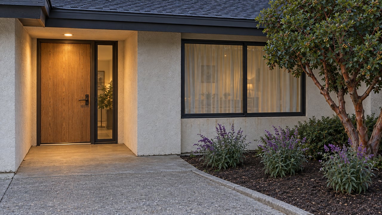 Early-evening view of a remodeled ranch home's oak entry door, cream stucco, broad window, and planted concrete approach.