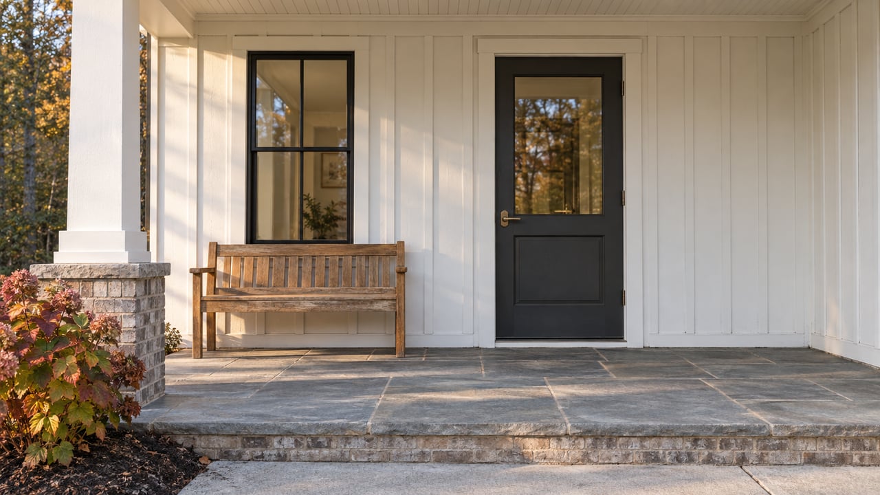 Evening sunlight crosses a white-clad covered porch with a charcoal glazed door, black-framed window, oak bench and stone paving.
