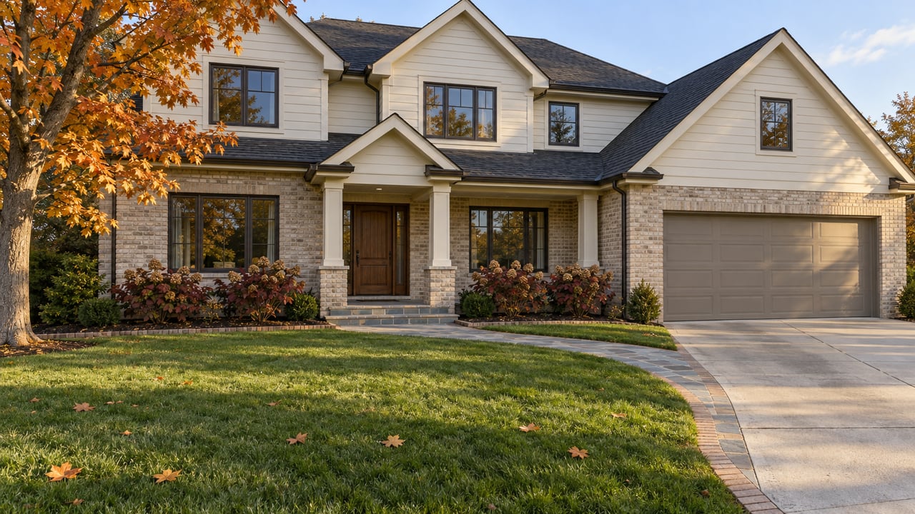 Two-story ivory-sided and buff-brick home with dark windows, a covered entry, deep lawn and an amber-leaved maple.