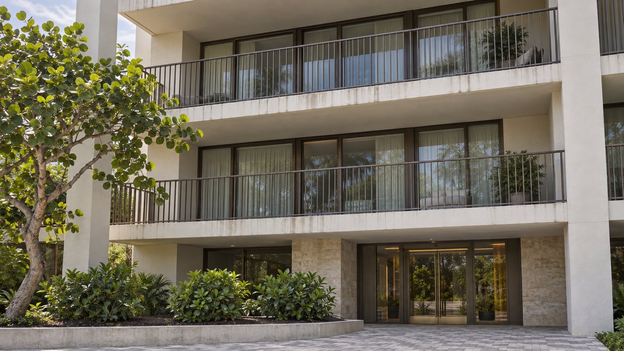 Condominium facade with two stacked balconies, bronze railings, closed glass doors, and a raised planter at the lobby.