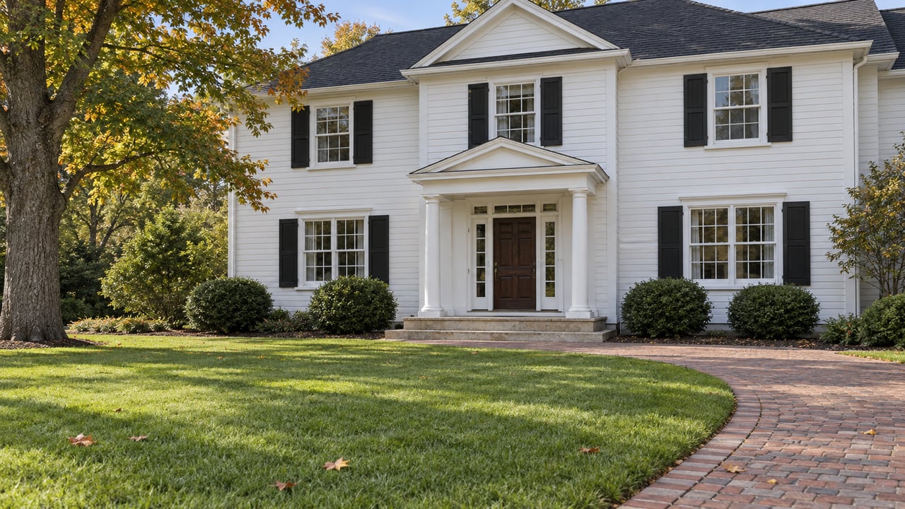 White clapboard home with black shutters, a columned entry, curved brick walk and broad lawn beneath an autumn maple.