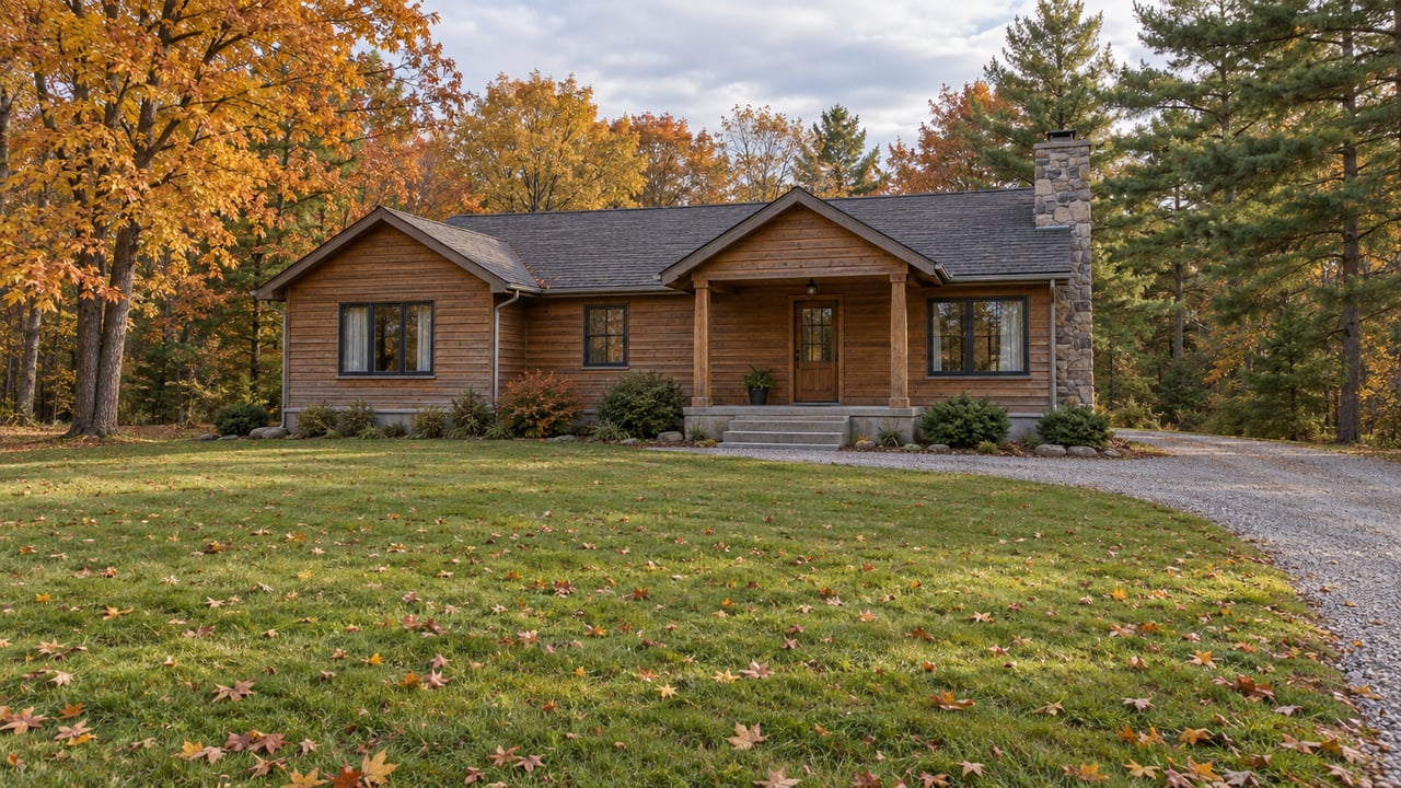A modest wood-sided home with a stone chimney sits beyond a deep lawn between amber sugar maples and mature eastern white pines.